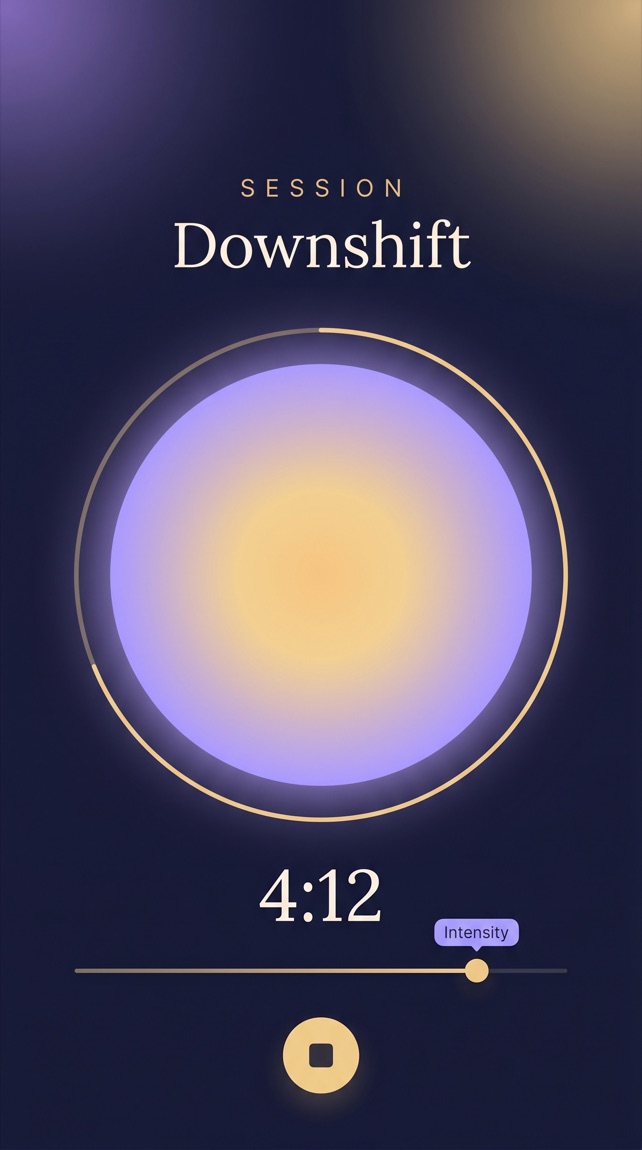 SomaVibe session player showing a glowing breathing orb and a session timer.