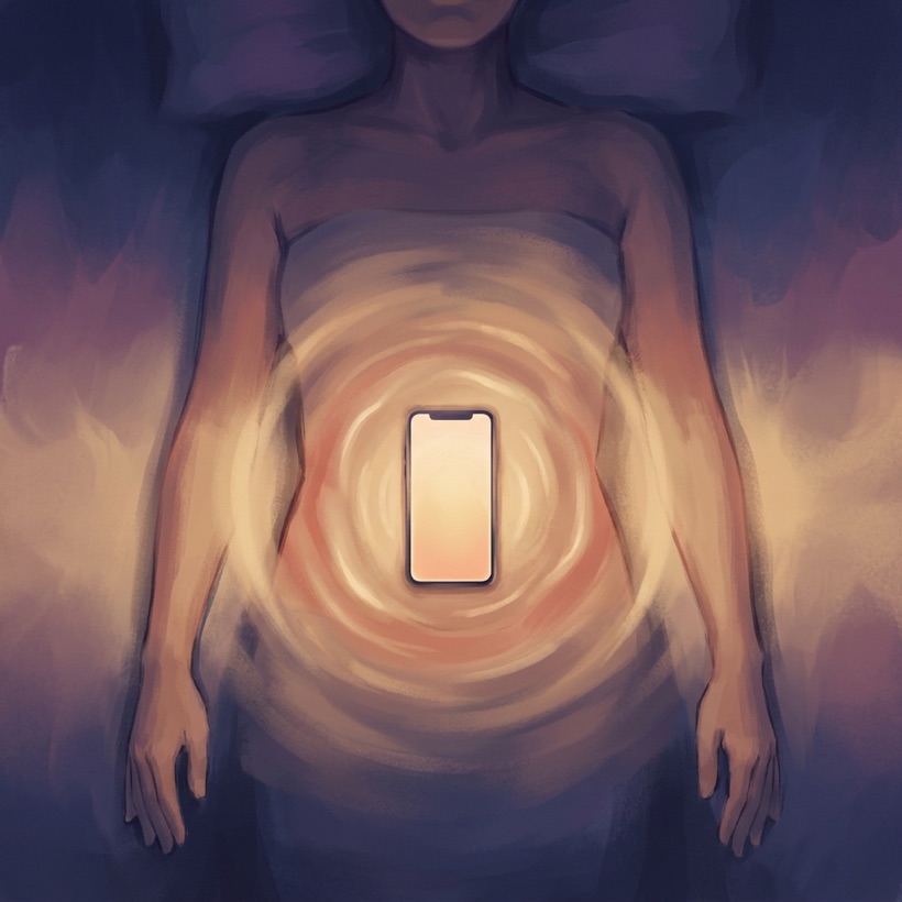 Illustration of a phone resting on the belly with a deep wide ripple.
